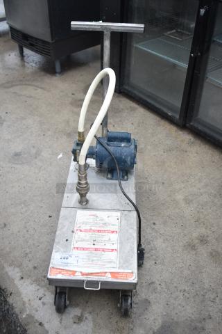 Frontline 401 Commercial Oil Caddy with casters, 115V, 1 phase. Features hose, pump, and visible safety labels.