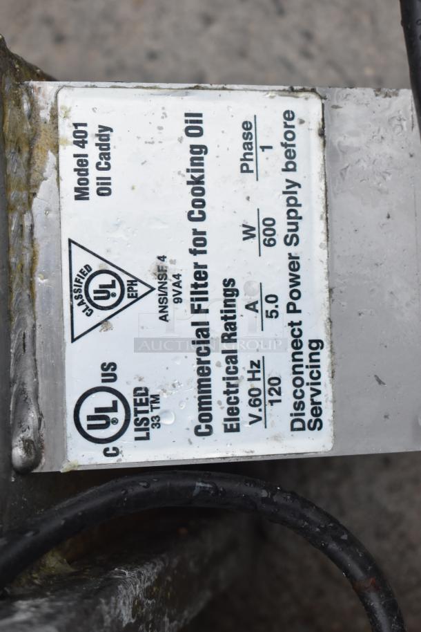 Frontline 401 Commercial Oil Caddy label showing UL certification and electrical ratings: 115 volts, 1 phase, 600 watts.
