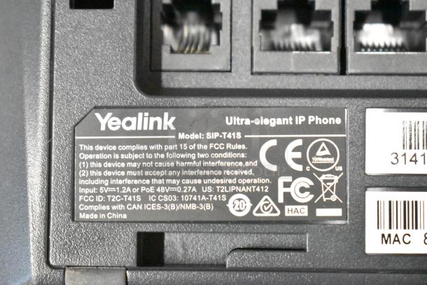 Yealink SIP-T41S Ultra-elegant IP Phone, showing compliance labels and ports, in excellent condition.