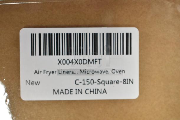 X004X0DMFT air fryer liners package. Label shows use for microwave, oven, new condition, 8-inch square. Made in China.
