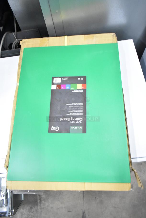 Green polyethylene cutting board, 24"x18"x1/2", new scratch and dent condition. Brand: Choice, label: #40724185GN.