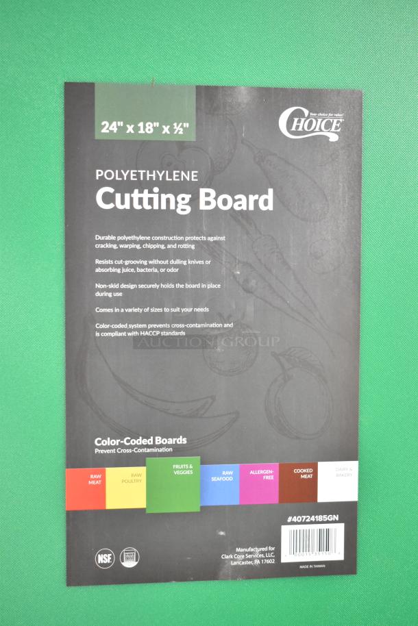 Green polyethylene cutting board, 24"x18"x1/2", Choice brand, scratch and dent, new, color-coded for fruits and veggies. #40724185GN.