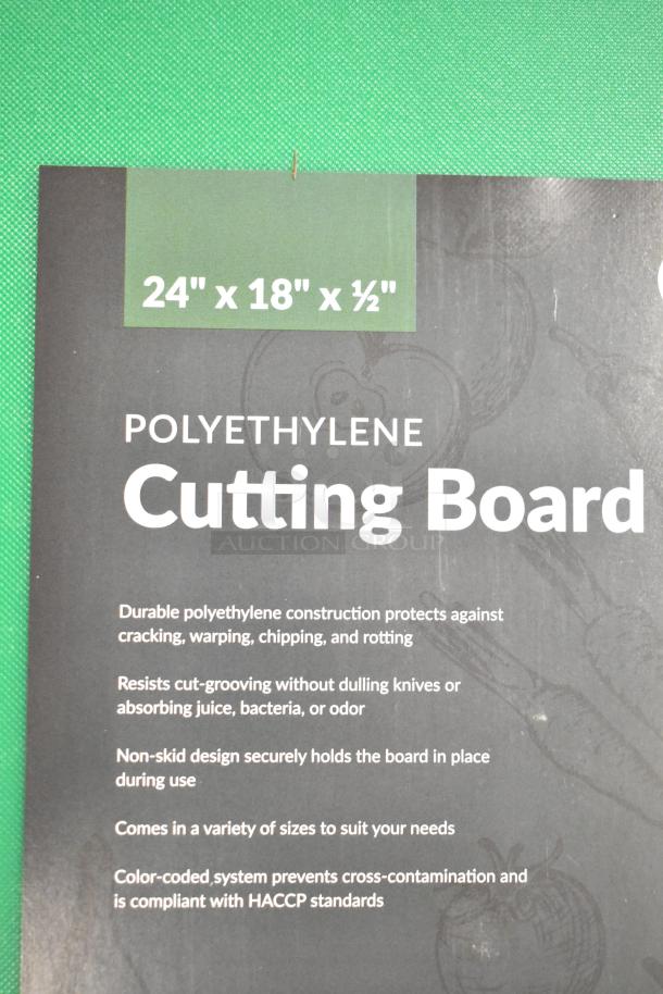 Brand new Choice green polyethylene cutting board, 24x18x0.5". Durable, non-skid, resists cuts, HACCP-compliant.