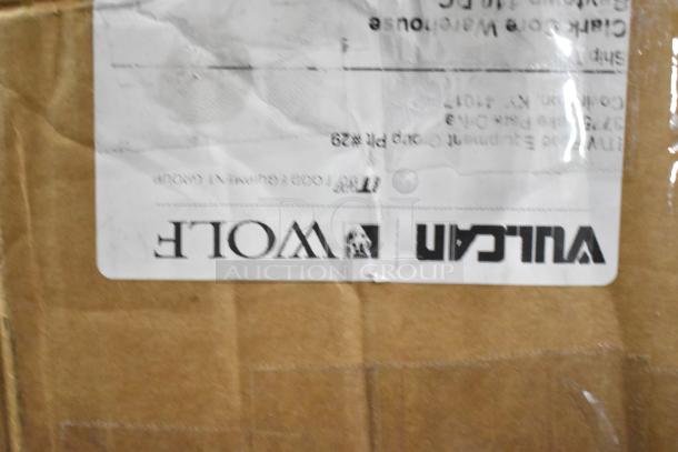 Box of Vulcan Wolf 424171-1 convection oven legs, brand new with scratch and dent; label shows brand name and model.