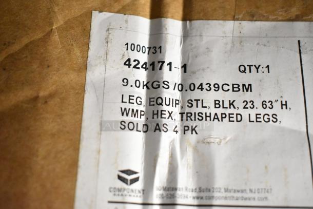 Box label for Vulcan Wolf 424171-1 convection oven legs. Details include black steel, 23.63" height, sold as 4 pack.