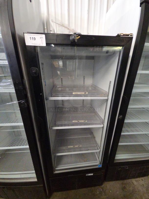 2022 Habco ESM12 single door reach-in cooler, 115V, tested and working, with shelving visible. Model and auction tags shown.