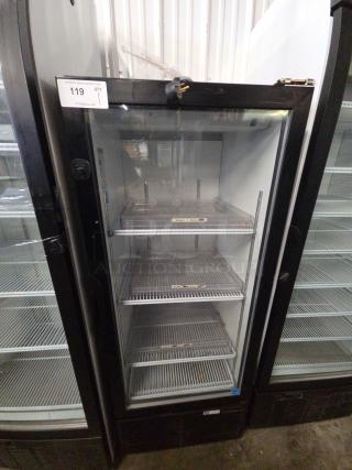 2022 Habco ESM12 single door reach-in cooler, 115V, tested and working, with shelving visible. Model and auction tags shown.