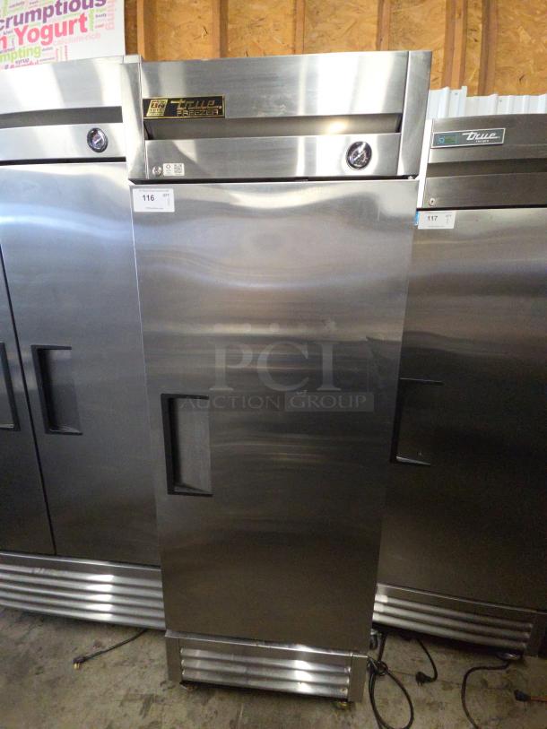 2016 True T-19F commercial single door freezer on casters. Stainless steel. Powers on, but does not cool. Model and brand labels visible.