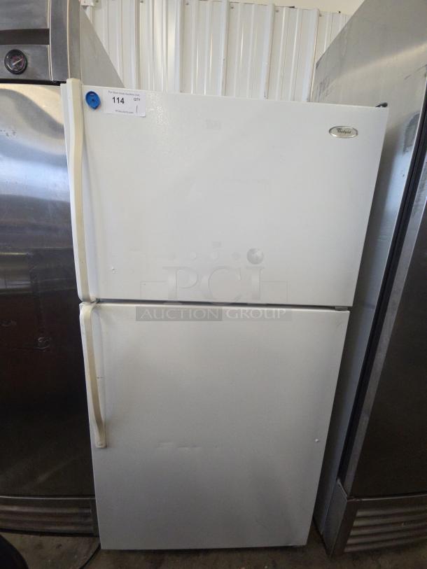 Whirlpool ET1MHKXMQ04 reach-in cooler with freezer, white, tested and working, 115 volts, 1 phase, visible brand logo on door.