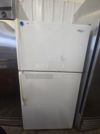 Whirlpool ET1MHKXMQ04 reach-in cooler with freezer, white, tested and working, 115 volts, 1 phase, visible brand logo on door.
