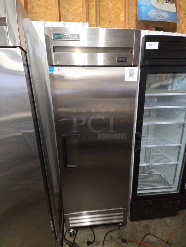 2025 True T-19F-HC single door freezer on casters. Stainless steel, tested, working, 115 volts, 1 phase. Model label visible.
