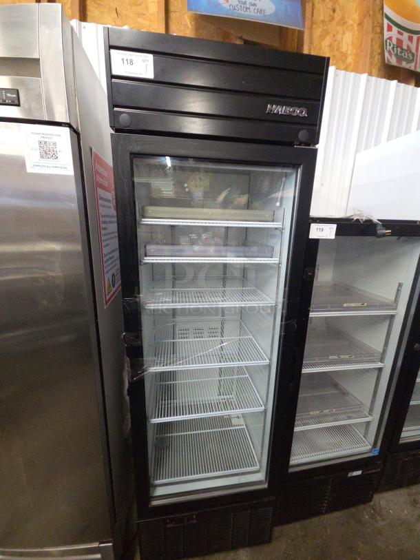 2019 Habco SE18 commercial single door reach-in cooler merchandiser, black finish, 115 volts, tested, and working condition.