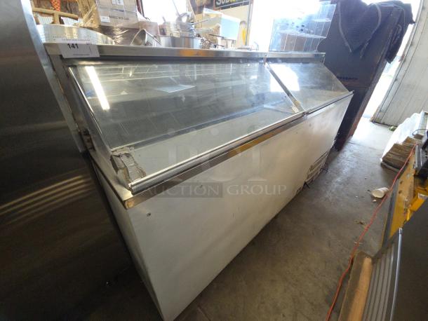 Master Bilt commercial ice cream dipping cabinet, tested and working, glass top, stainless steel exterior, auction tag visible.