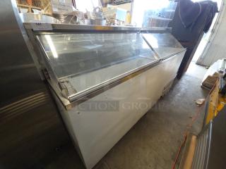 Master Bilt commercial ice cream dipping cabinet, tested and working, glass top, stainless steel exterior, auction tag visible.
