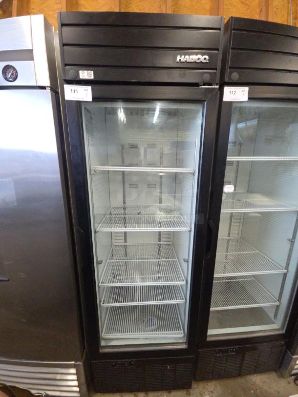 2019 Habco SE18 commercial single door reach-in cooler, black finish, with shelving, tested and working, 115 volts, 1 phase.