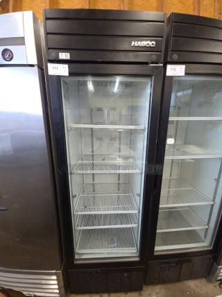 2019 Habco SE18 commercial single door reach-in cooler, black finish, with shelving, tested and working, 115 volts, 1 phase.