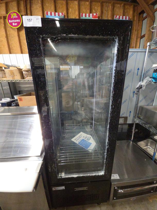 Brand new Avantco 193GD4C15HCB black refrigerated display case, 4-sided glass, on commercial casters, tested and working.