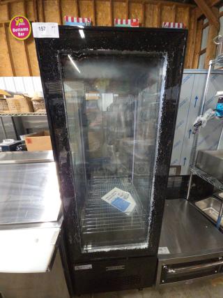 Brand new Avantco 193GD4C15HCB black refrigerated display case, 4-sided glass, on commercial casters, tested and working.
