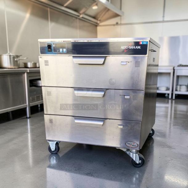 Alto-Shaam 500-3D commercial warming drawer, stainless steel, on casters, uses Halo Heat technology, premium condition.