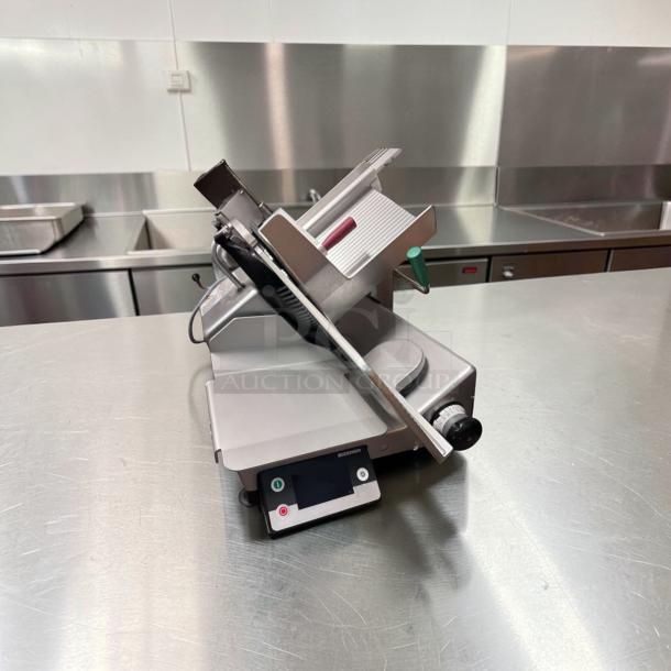 New Bizerba GSP HD P-21 commercial deli slicer, 120V, ETL listed, fully tested, operational, shown on a stainless steel counter.