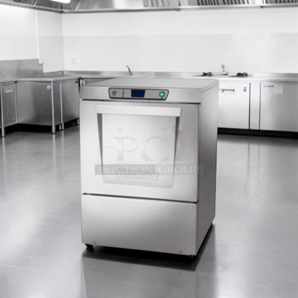 Hobart LXeH-2 commercial undercounter dishwasher in stainless steel. Prime condition, hot water sanitizing, fully tested.