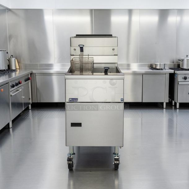 Pitco commercial gas floor fryer in outstanding condition, model PIT-L-FRY-0006, stainless steel, fully tested and working.