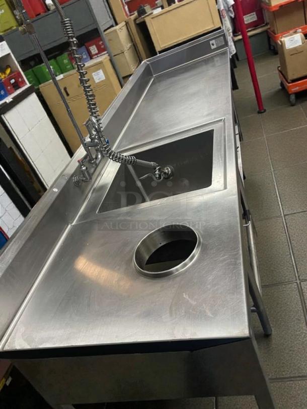 ICM stainless steel prep sink table, immaculate condition, commercial use, with integrated sink and faucet, model ICM-L-PST-0007.