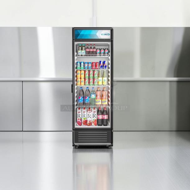 Brand new KoolMore MDR1GD12C commercial glass door display refrigerator, upright, scratch & dent condition, stocked with beverages.
