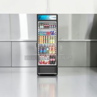 Brand new KoolMore MDR1GD12C commercial glass door display refrigerator, upright, scratch & dent condition, stocked with beverages.