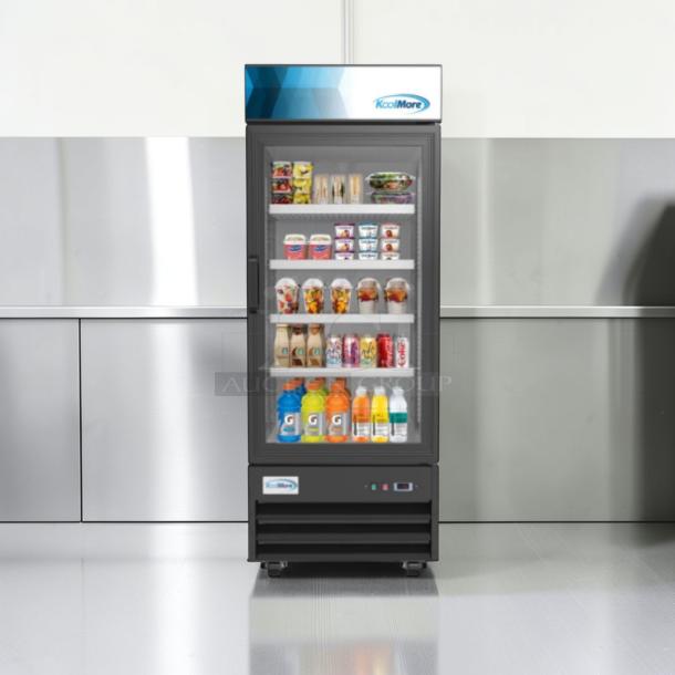 KoolMore one-door glass merchandiser refrigerator, model MDR-1GD-23C, brand-new condition with scratch and dent.