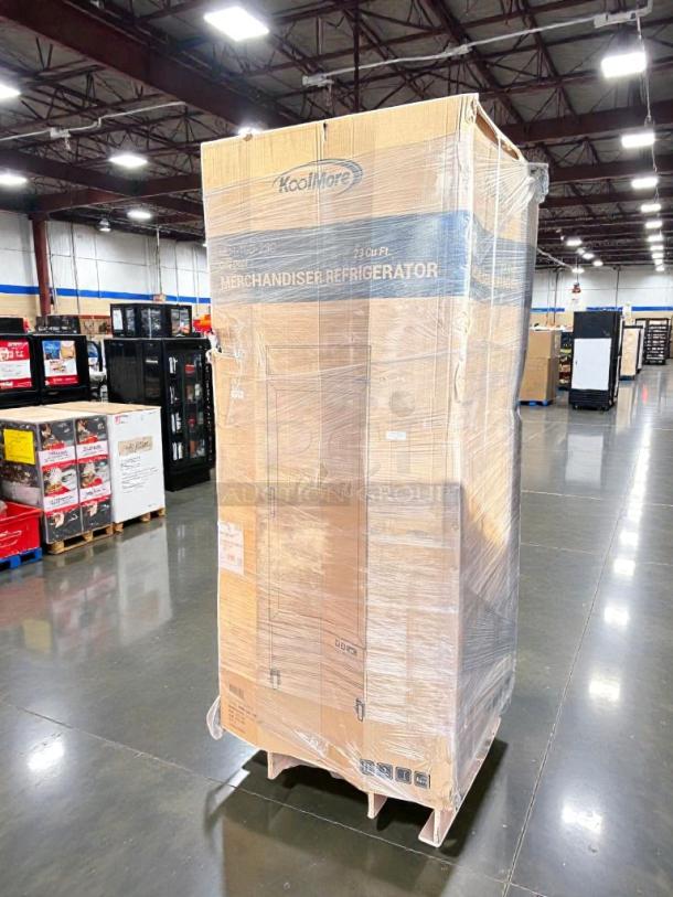 Brand-new KoolMore One-Door Glass Merchandiser Refrigerator, Model MDR-1GD-23C, in packaging, 23 cu ft, scratch & dent.