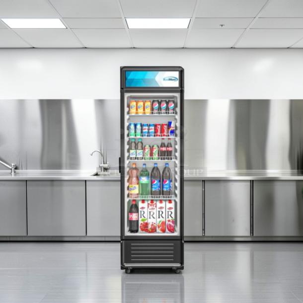 Brand new KoolMore MDR-9CP electric merchandiser refrigerator, 9 cu. ft., scratch & dent, stocked with beverages.