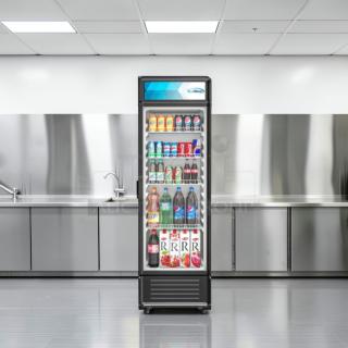 Brand new KoolMore MDR-9CP electric merchandiser refrigerator, 9 cu. ft., scratch & dent, stocked with beverages.