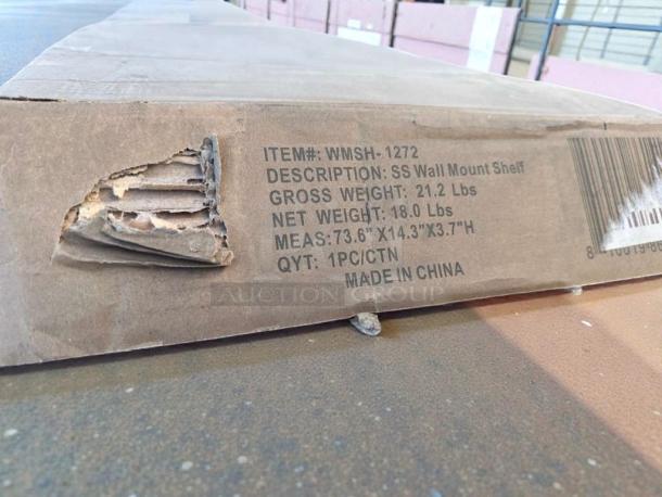 KoolMore WMSH-1272 stainless steel wall shelf box with visible damage. Measures 73.6"x14.3"x3.7". Made in China.