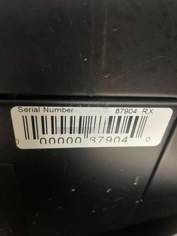 Serial number label reads "87904 RX" on a Commercial Beverage Equipment cold brew dispenser. Model CBR-L-DSP-0056.