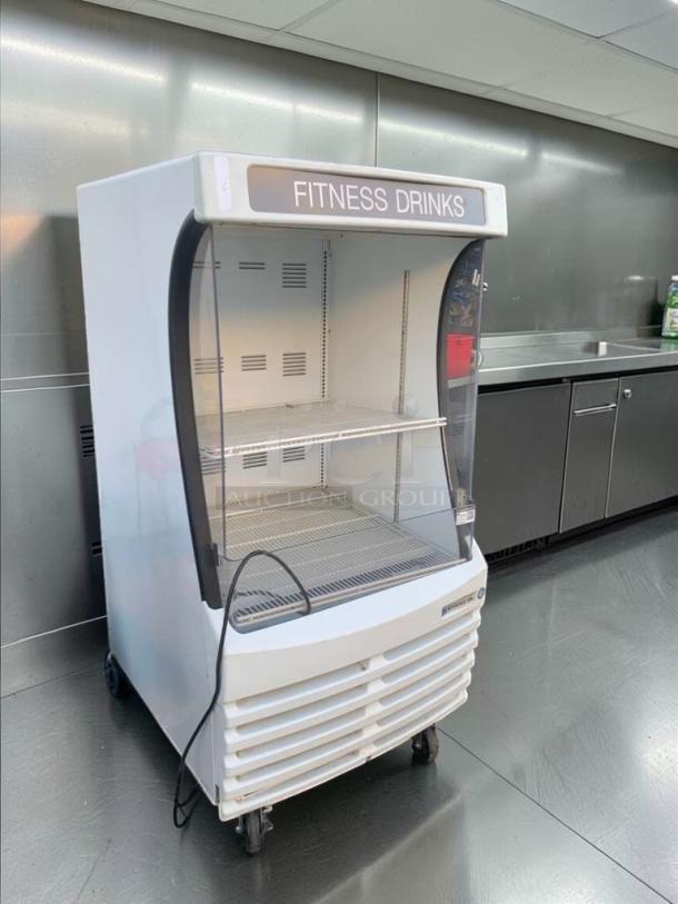 Beverage-Air BZ13-1-W open merchandiser in excellent condition, 115V, single phase, "Fitness Drinks" label, fully tested.