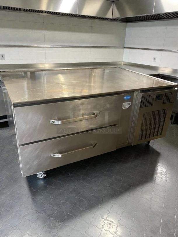 Randell FX-1-290 refrigerated chef base, 115V, stainless steel, two drawers, castors, excellent condition, tested and working.