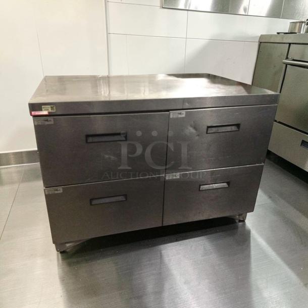 Delfield UCD4448N refrigerated drawer unit in exceptional condition, stainless steel, 115V, four drawers, fully tested.
