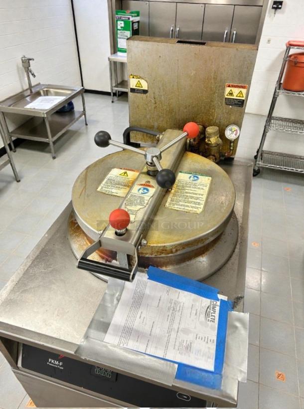 BKI FKM-F 75 lb electric pressure chicken fryer by Blodgett, top-tier condition, 208V/3-phase, fully tested, working condition, visible safety labels.