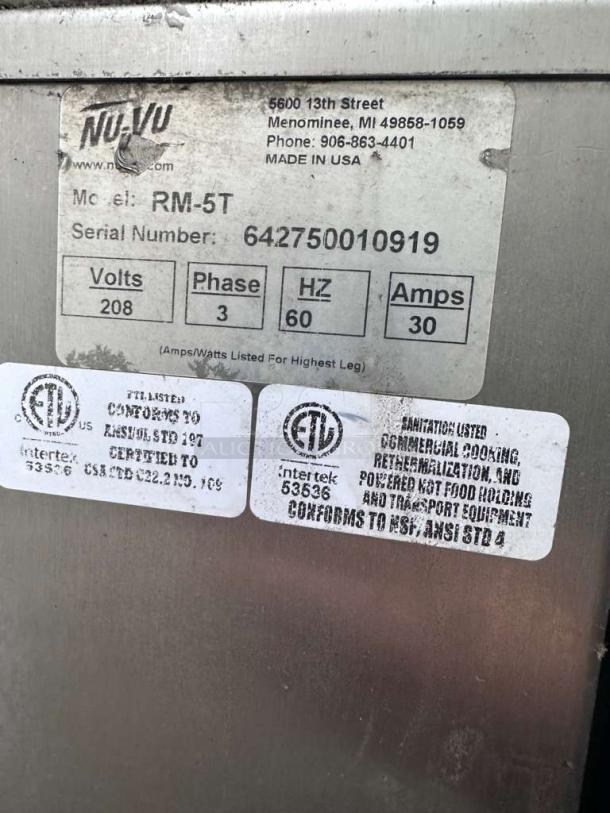 Nu-Vu RM-5T rethermalization oven label with 208V, 3 phase, 60 Hz, 30 amps. ETL & NSF listed. Made in USA. Serial: 642750010919.