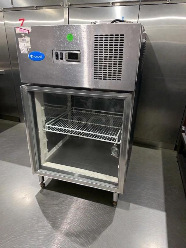 Randell 4002A undercounter glass door refrigerator, stainless steel, 115V, UL listed, tested, outstanding condition.