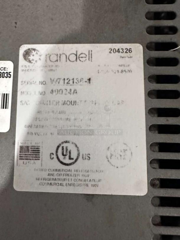 Randell 4002A label showing model and serial number; UL listed, Made in USA; commercial undercounter refrigerator.