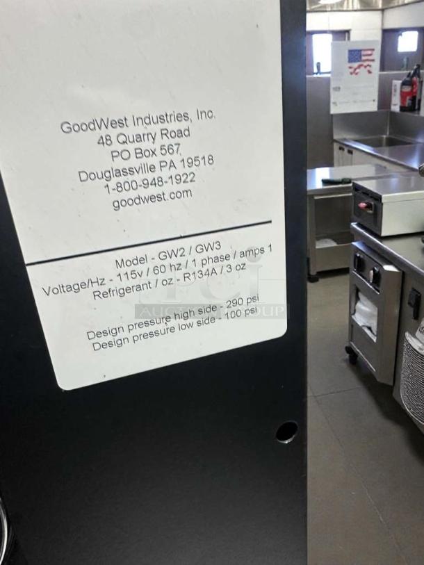 GoodWest GW2/GW3 cold brew dispenser, 115V, excellent condition, with label showing model, voltage, and design pressures.