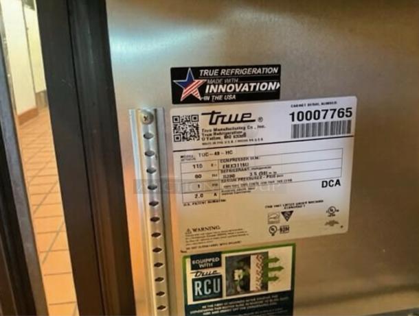 Alt text: Elite Condition True TUC-48-HC Undercounter Refrigerator label showing model details and serial number.