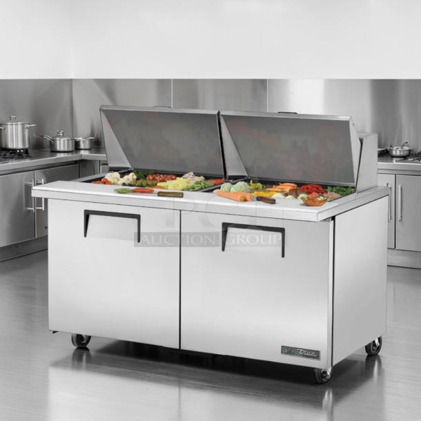 True TSSU-60-24M-B-ST-HC Mega Top Sandwich Prep Table, 60", dual-door, 24-pan capacity, excellent condition, tested, USA made.