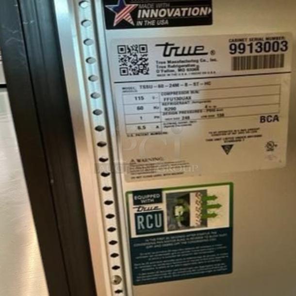 Label on True TSSU-60-24M-B-ST-HC Mega Top Sandwich Prep Table, showing model and specifications. Made in USA.
