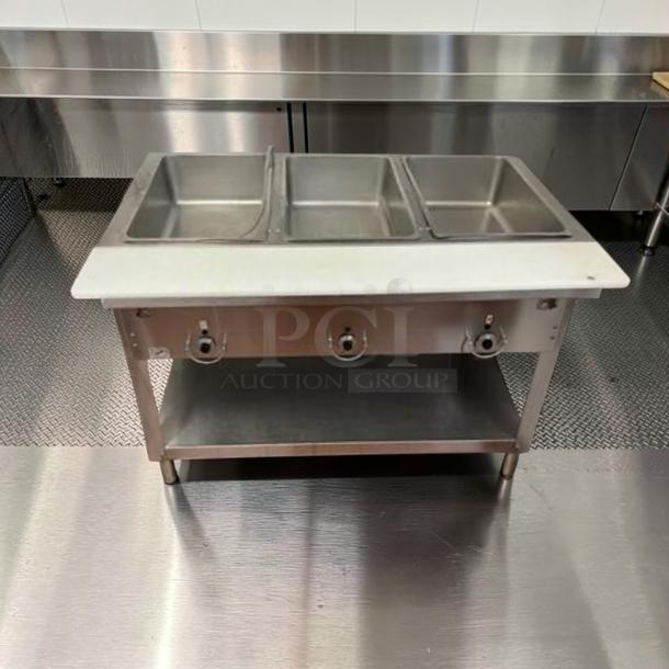 Duke E303 Aerohot Electric Steam Table, stainless steel, 3 compartments, superior condition, fully tested, commercial use.