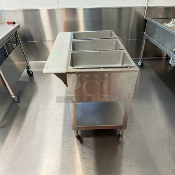 Stainless steel Duke E303 Aerohot electric steam table, 3 compartments, superior condition, fully tested, commercial use.