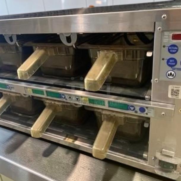 Prince Castle EHBP23 dual lane food holding bin in stainless steel, excellent condition, tested and operational, with control panel.