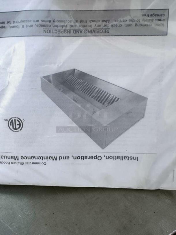 Commercial stainless steel vent hood system, heavy duty, NSF/ETL certified, excellent condition, installation manual visible.